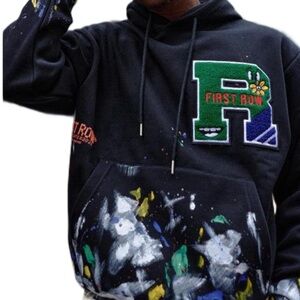 FIRST ROW BLACK CHENILLE PATCH & HAND PAINT HOODIE - Large / NWOT